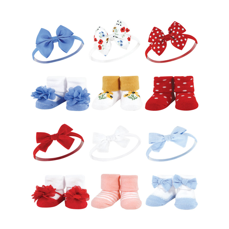 Hudson Baby 12Pc Headband and Socks Giftset, Wildflower Red Blue