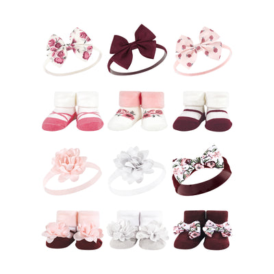 Hudson Baby 12Pc Headband and Socks Giftset, Rose Pink Burgundy