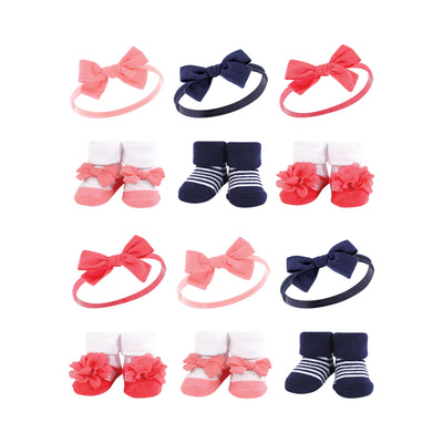 Hudson Baby 12Pc Headband and Socks Giftset, Navy Coral