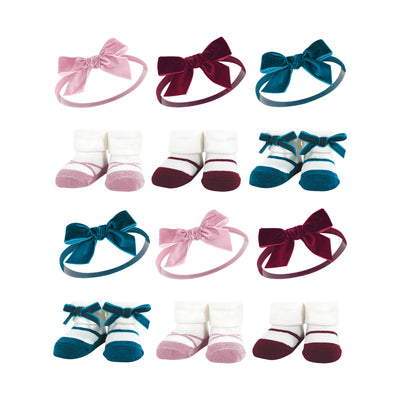 Hudson Baby 12Pc Headband and Socks Giftset, Burgundy Pink Teal