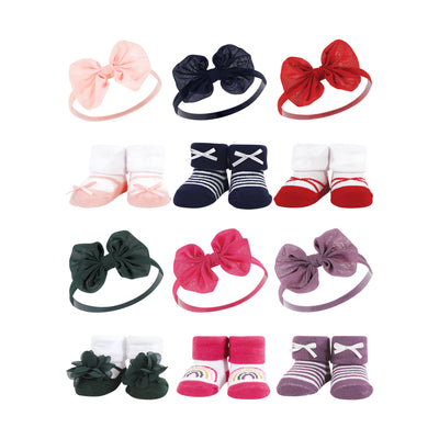 Hudson Baby 12Pc Headband and Socks Giftset, Red Navy Bows Green Purple