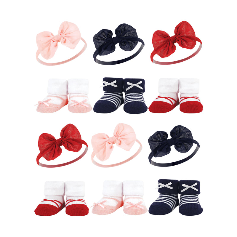 Hudson Baby 12Pc Headband and Socks Giftset, Red Navy Bows