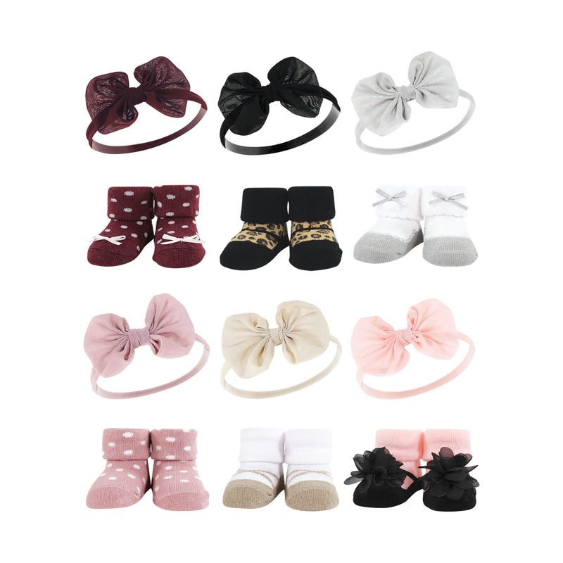 Hudson Baby 12Pc Headband and Socks Giftset, Burgundy Leopard Blush Taupe