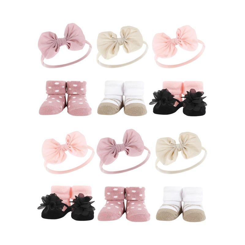 Hudson Baby 12Pc Headband and Socks Giftset, Blush Taupe