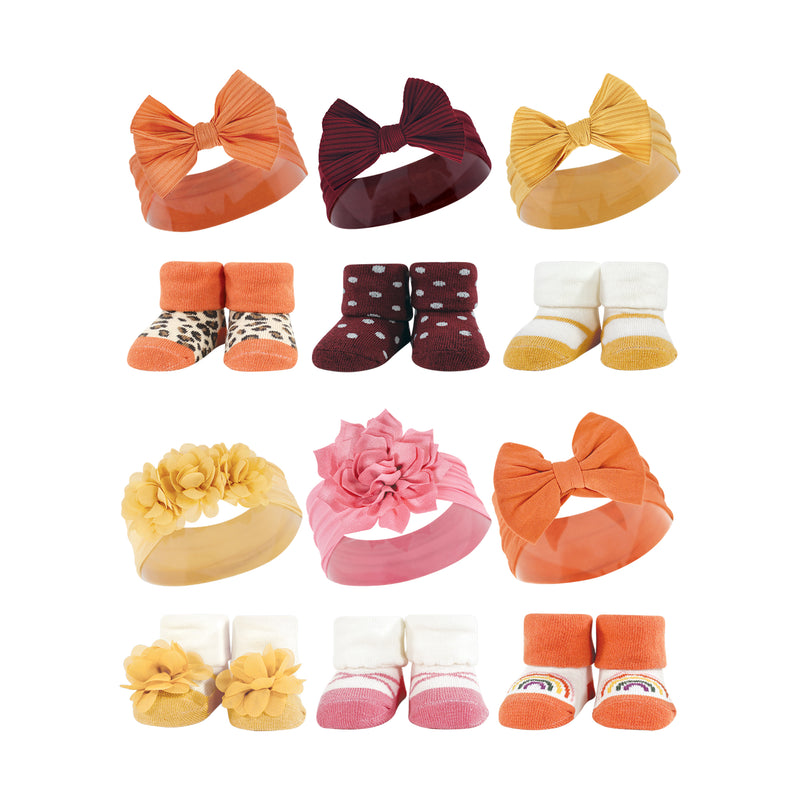 Hudson Baby 12Pc Headband and Socks Giftset, Burgundy Orange Yellow Orange