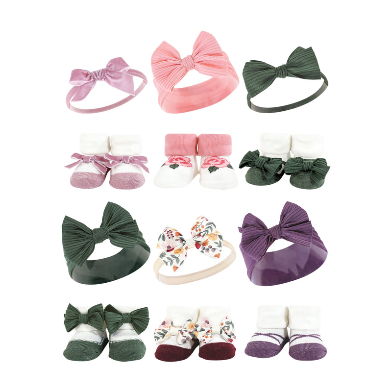 Hudson Baby 12Pc Headband and Socks Giftset, Purple Green Fall Botanical