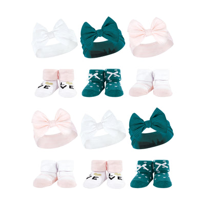 Hudson Baby 12Pc Headband and Socks Giftset, Teal Pink