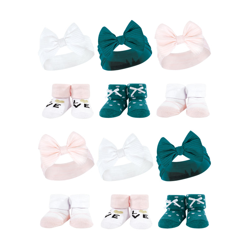 Hudson Baby 12Pc Headband and Socks Giftset, Teal Pink