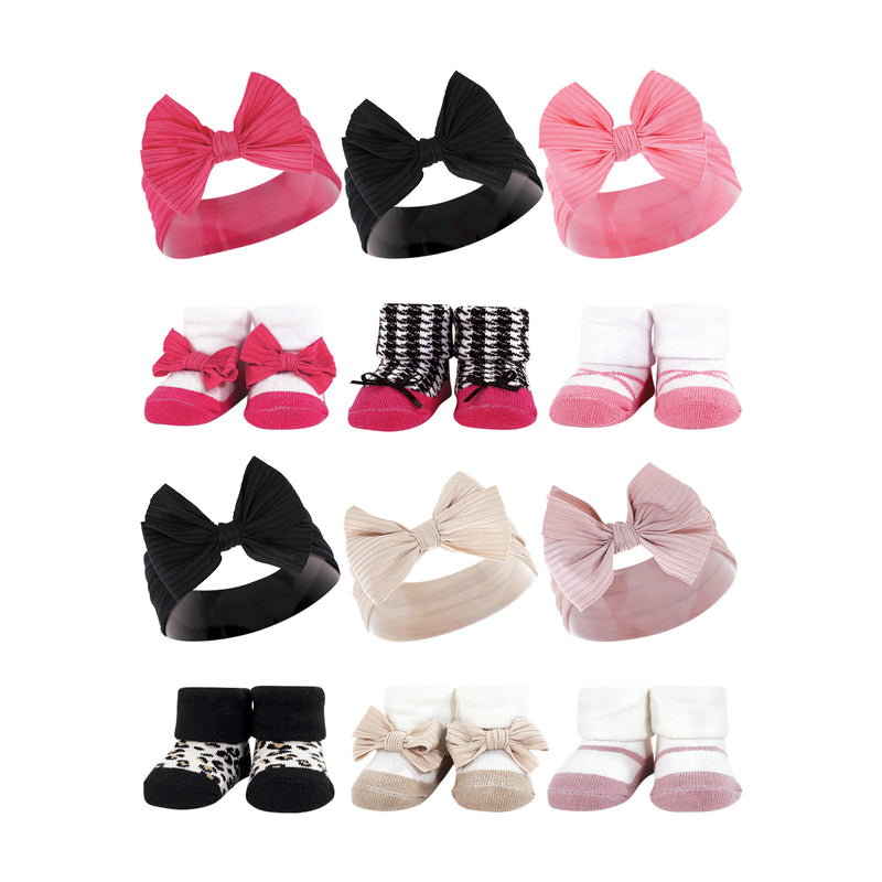 Hudson Baby 12Pc Headband and Socks Giftset, Pink Black Taupe Pink