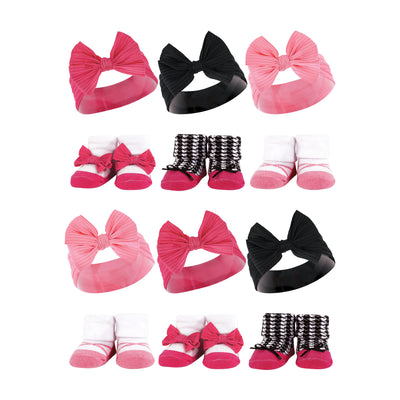 Hudson Baby 12Pc Headband and Socks Giftset, Pink Black