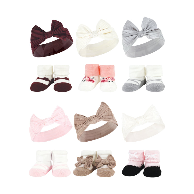 Hudson Baby 12Pc Headband and Socks Giftset, Burgundy Gray Pink Taupe