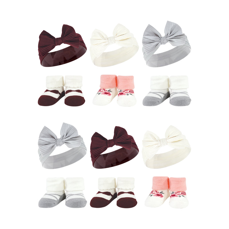 Hudson Baby 12Pc Headband and Socks Giftset, Burgundy Gray