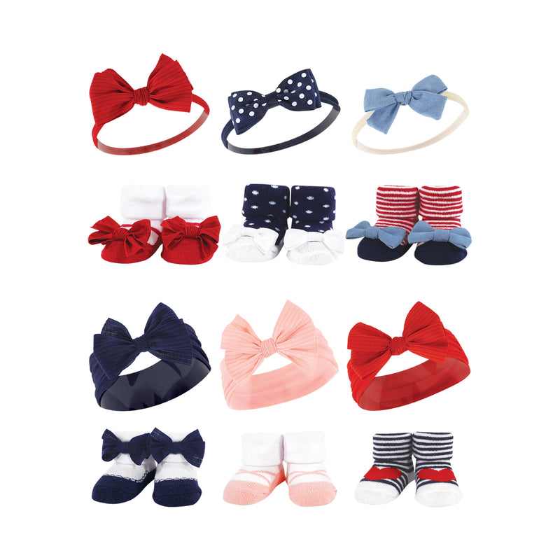 Hudson Baby 12Pc Headband and Socks Giftset, Red Blue Bows Red Chambray