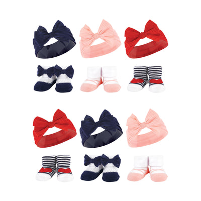 Hudson Baby 12Pc Headband and Socks Giftset, Red Blue Bows