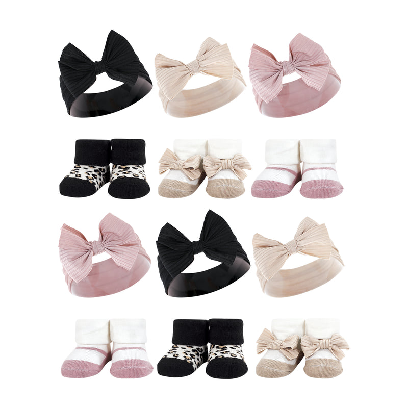 Hudson Baby 12Pc Headband and Socks Giftset, Taupe Pink