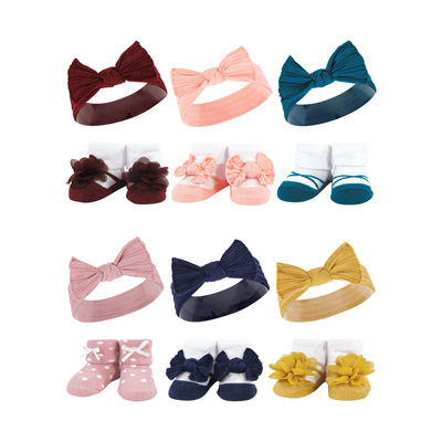 Hudson Baby 12Pc Headband and Socks Giftset, Burgundy Teal Blush Navy