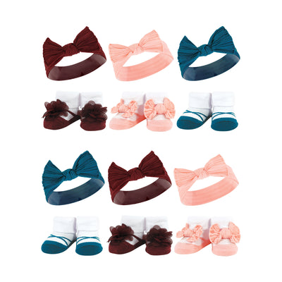 Hudson Baby 12Pc Headband and Socks Giftset, Burgundy Teal