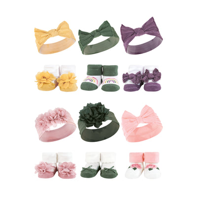 Hudson Baby 12Pc Headband and Socks Giftset, Purple Green Yellow Pink Green