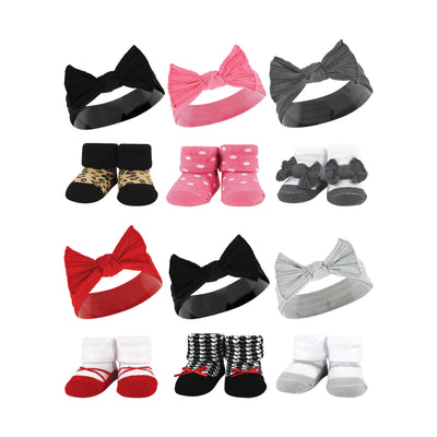 Hudson Baby 12Pc Headband and Socks Giftset, Black Wild Rose Leopard Red Houndstooth Bows