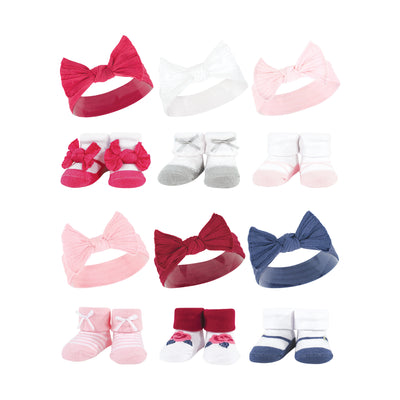 Hudson Baby 12Pc Headband and Socks Giftset, Pink White Pink Blue