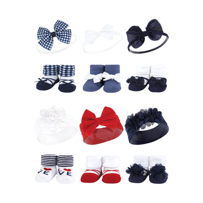 Hudson Baby 12Pc Headband and Socks Giftset, Navy Red Navy Gingham