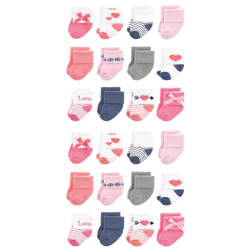 Hudson Baby Cotton Rich Newborn and Terry Socks, Pink Love