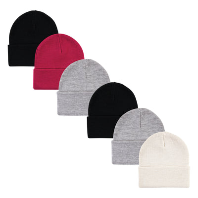 Hudson Baby 6Pc Knit Cuffed Beanie, Dark Pink Cream Black