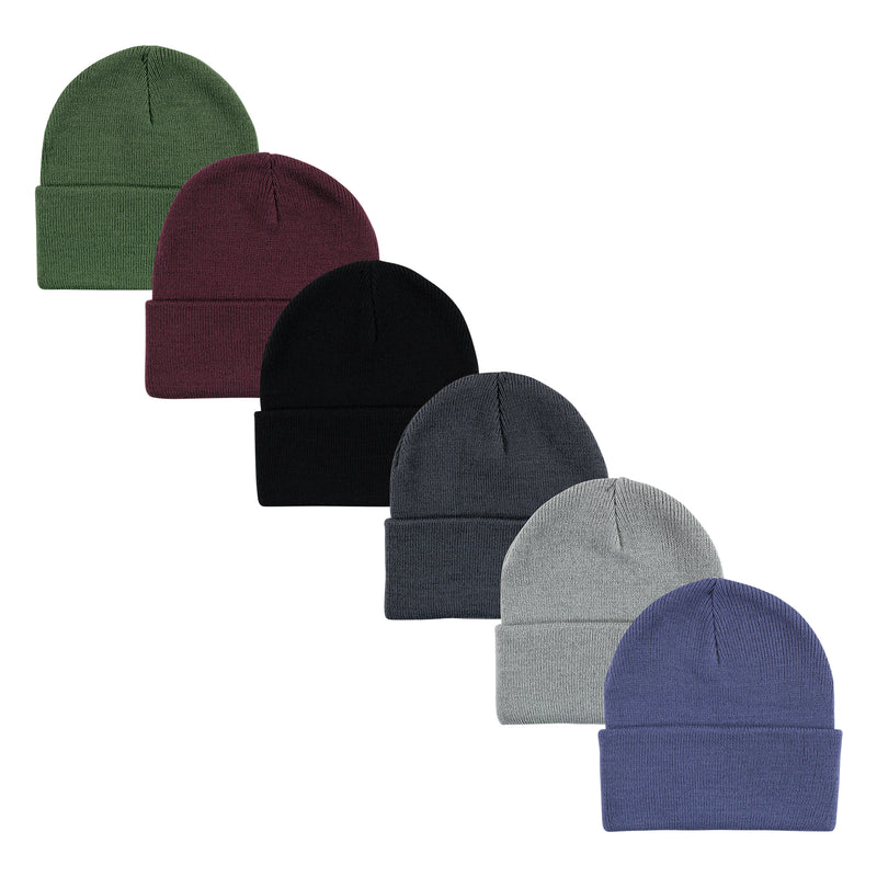 Hudson Baby 6Pc Knit Cuffed Beanie, Green Burgundy Bijou Blue