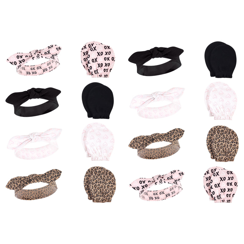 Hudson Baby 16Pc Headband and Scratch Mitten Set, Black Xoxo