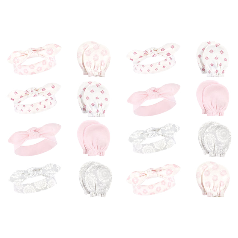 Hudson Baby 16Pc Headband and Scratch Mitten Set, Lace Medallion