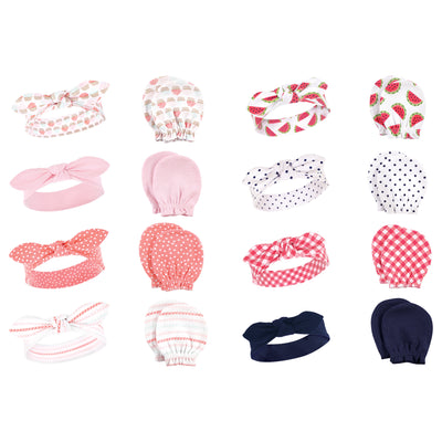 Hudson Baby 16Pc Cotton Headband and Scratch Mitten Set, Cupcake Watermelon