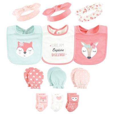 Hudson Baby Caps or Headbands, Bibs, Mittens and Socks 12pc Set, Pink Woodland