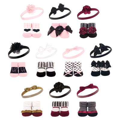 Hudson Baby 20Pc Headband and Socks Giftset, Pink Black Love Fancy