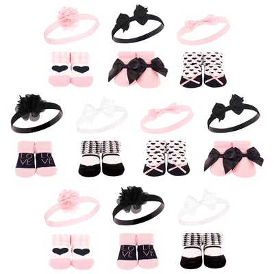 Hudson Baby 20Pc Headband and Socks Giftset, Pink Black Love