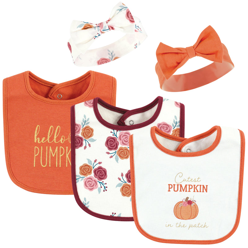 Hudson Baby Cotton Bib and Headband or Caps Set, Pink Cutest Pumpkin