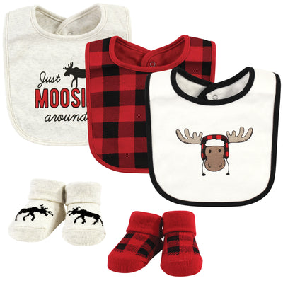 Hudson Baby Cotton Bib and Sock Set, Winter Moose