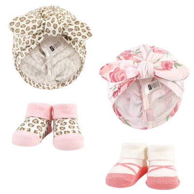 Hudson Baby Turban and Socks Set, Blush Rose Leopard
