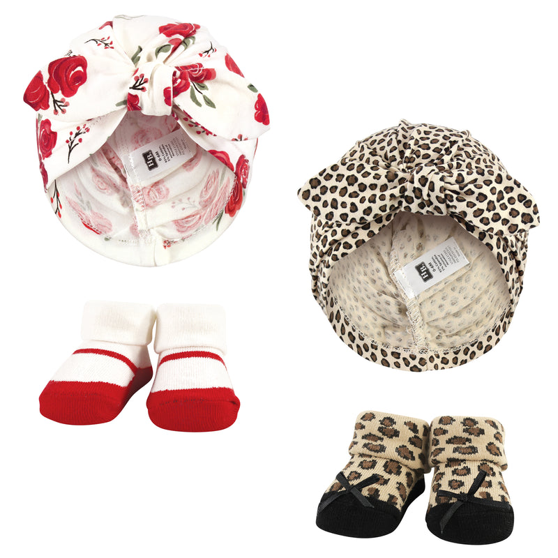 Hudson Baby Turban and Socks Set, Red Rose Leopard