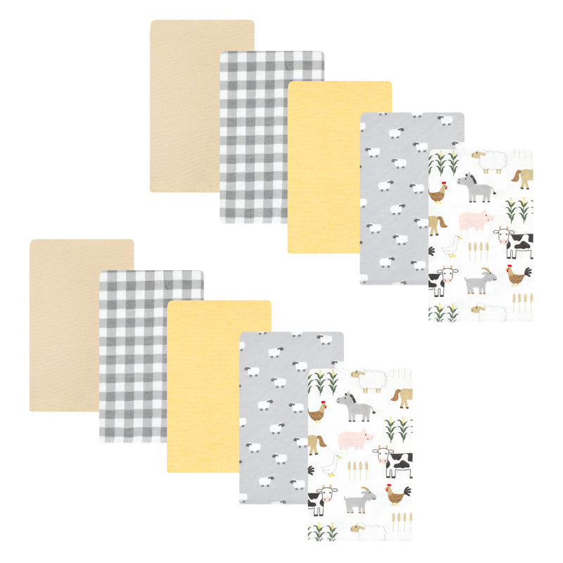 Hudson Baby Cotton Flannel Burp Cloths, Cute Farm 10-Pack