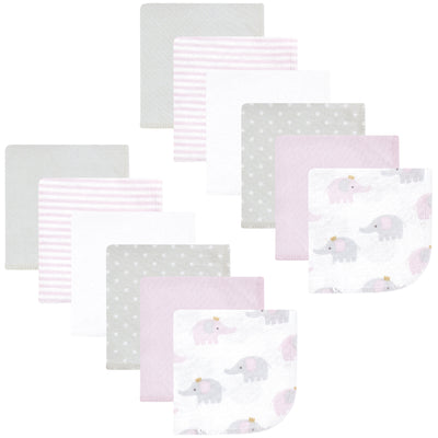 Hudson Baby Flannel Cotton Washcloths, Lilac Elephants 12 Pack