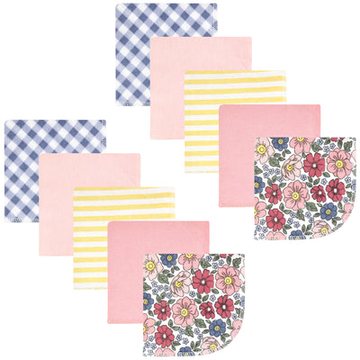 Hudson Baby Flannel Cotton Washcloths, Pink Blue Pretty Floral 10 Pack