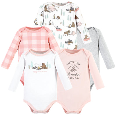 Hudson Baby Cotton Long-Sleeve Bodysuits, Pink Happy Camper