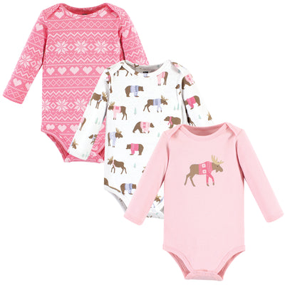 Hudson Baby Cotton Long-Sleeve Bodysuits, Pink Moose Bear