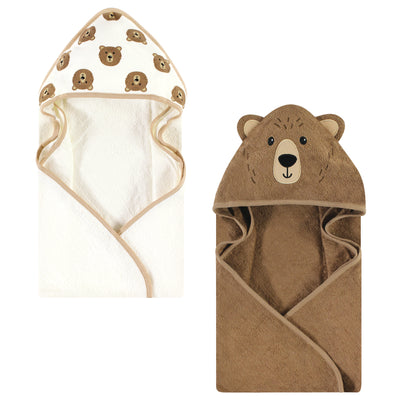 Hudson Baby Cotton Animal Face Hooded Towel, Brown Bear 2-Pack