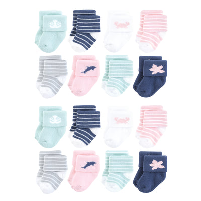 Hudson Baby Cotton Rich Newborn and Terry Socks, Pink Dolphin