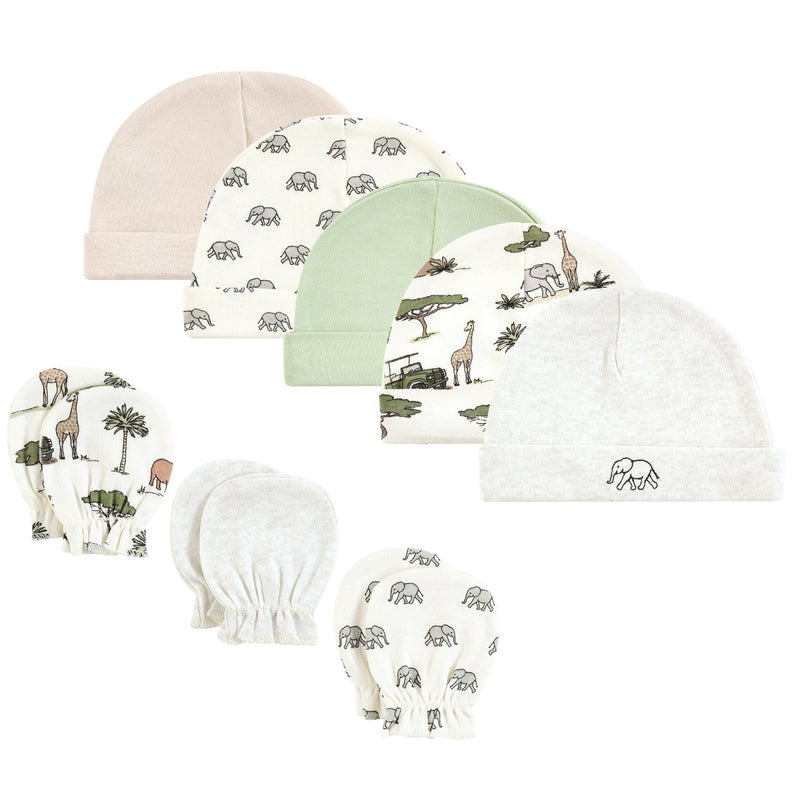 Hudson Baby Cotton Cap and Scratch Mitten Set, Going On Safari