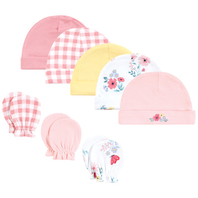 Hudson Baby Cotton Cap and Scratch Mitten Set, Butterfly Floral