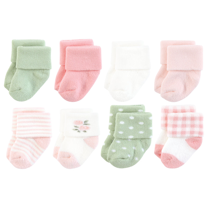 Hudson Baby Cotton Rich Newborn and Terry Socks, Pink Sage Rose