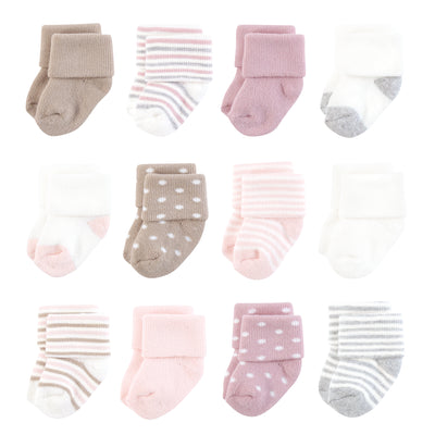 Hudson Baby Cotton Rich Newborn and Terry Socks, Soft Pink Dot Stripe