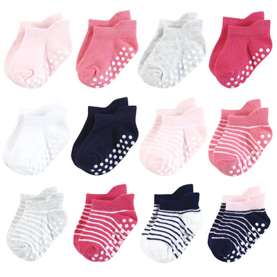 Hudson Baby Non-Skid No-Show Socks, Pink Navy Stripe